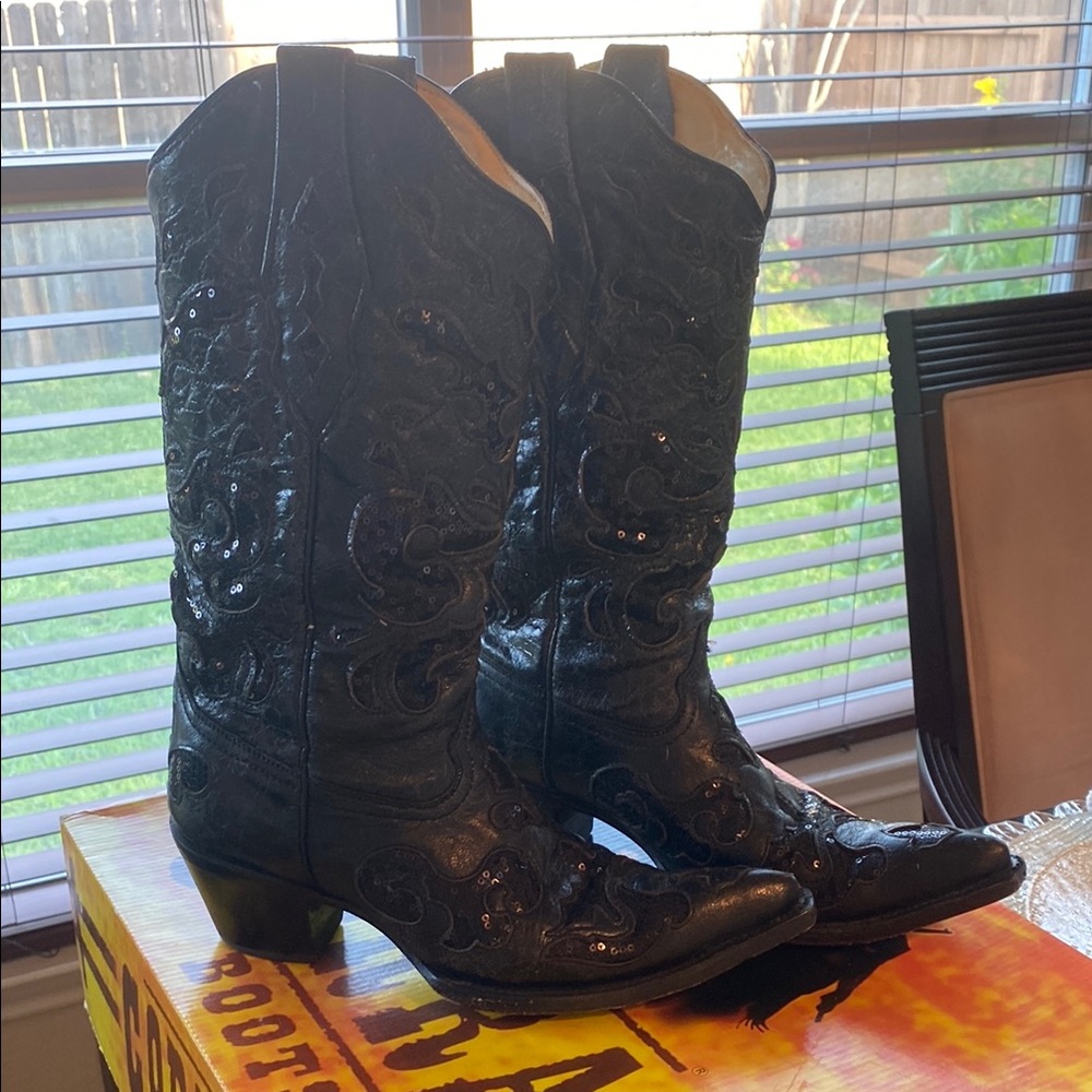 Corral Sequin Black Heeled Boots with Western Charm